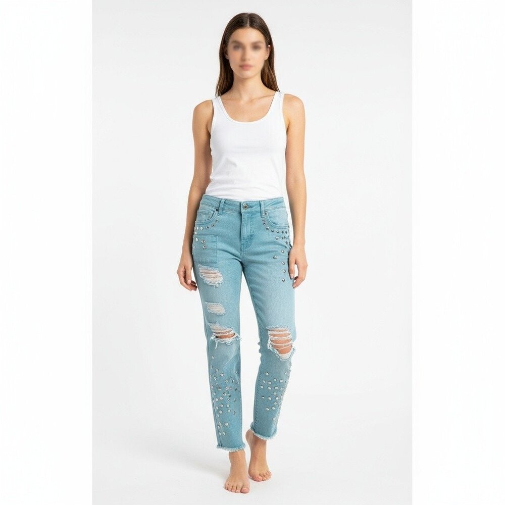 JUDO+DENIM Womens Jeans Size US 4P Light Blue Teal Studded Ripped Distressed